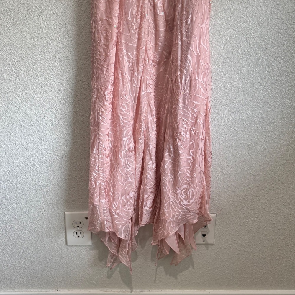 Y2K Alex Evenings Pink Silk Floral‎ Rose Burnout Beaded Handkerchief Fairy Dress - Picture 7 of 10